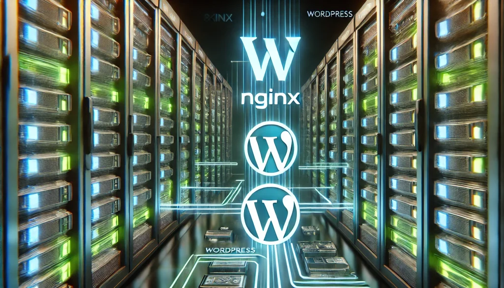 Nginx 서버 WordPress - 블루와 그린 조명이 강조된 데이터 센터 내부에서 홀로그램 데이터 스트림이 흐르고 있다.