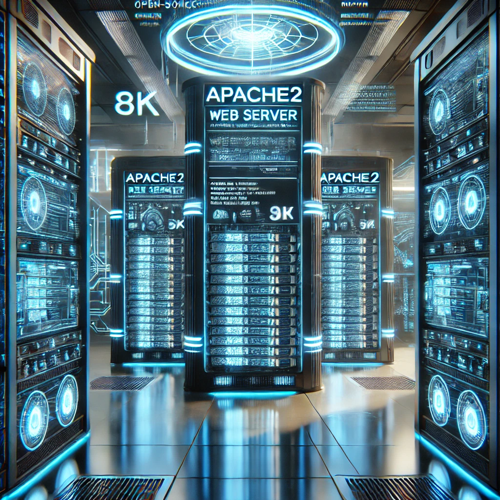 Apache2 워드프레스 - 최첨단 서버실에서 다중 랙이 배치된 모습, Apache2 설정이 홀로그램 화면에 표시됨.