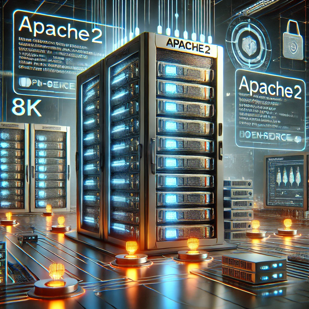 Ubuntu 22.04에서 Apache2 - 미래형 데이터 센터에서 Apache2 웹 서버가 실행 중인 디지털 인터페이스와 보안 방화벽이 표시된 모습.