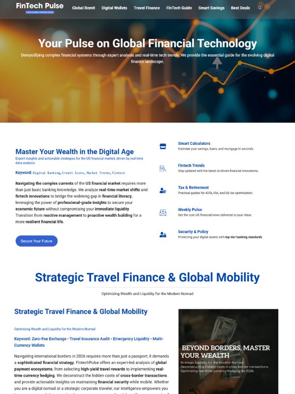 글로벌 금융 차트 배경과 고단가 키워드가 적용된 수익 최적화 FinTech Pulse Lab 웹사이트 화면