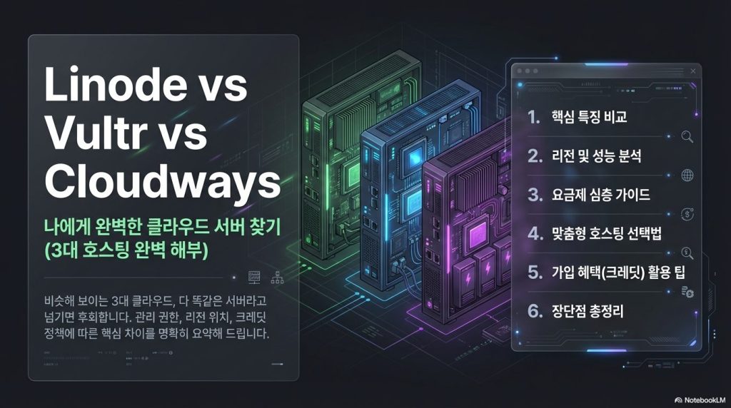 비관리형 VPS인 Linode와 Vultr, 그리고 그 위에 관리 레이어를 얹은 매니지드 플랫폼인 Cloudways의 구조적 차이를 보여주는 비교표.