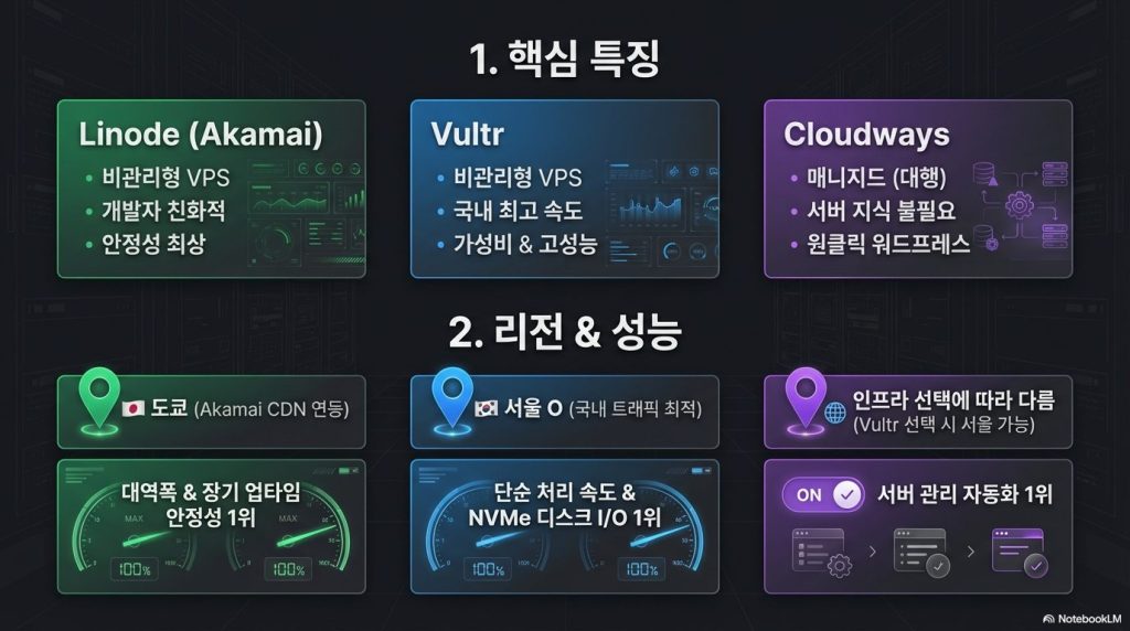 국내 접속 트래픽을 기준으로 Vultr의 서울 리전과 Linode의 도쿄 리전 간의 핑(Ping) 응답 속도를 비교하는 지도 그래픽.